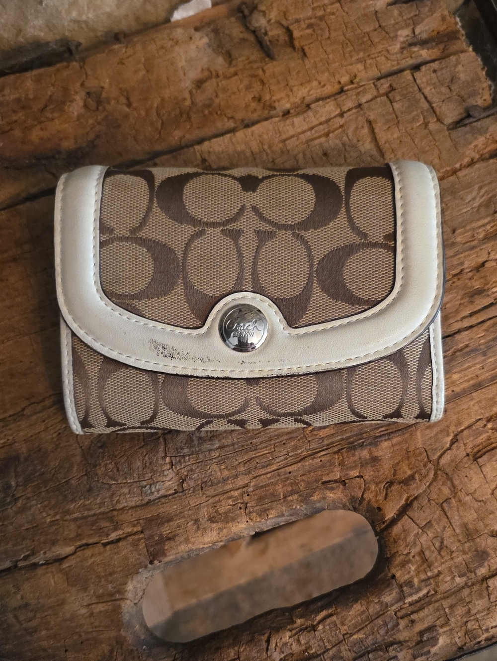 Coach Brown Signature Canvas Small Card Wallet with Cream Trim